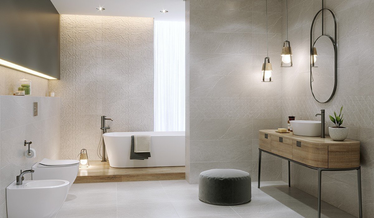 #Koupelna #kámen #Moderní styl #šedá #Extra velký formát #Matný obklad #1000 - 1500 Kč/m2 #700 - 1000 Kč/m2